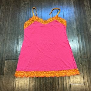 Josie Natori Bright Pink with Orang Lace Chemise Size L
